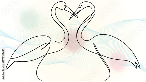 Single Line Drawing Two Cranes in Love with Abstract Wavy elegant continuous birds couple