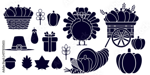 Flat black collection of Thanksgiving icons including turkey, pilgrim hat, cornucopia, wagon, pumpkins, and autumn leaves. Ideal for banners and invitations.