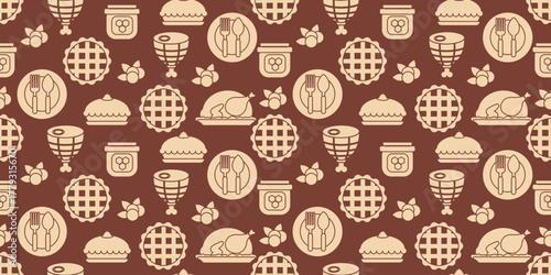 Beige silhouette seamless pattern of Thanksgiving dinner elements, turkey, cherry pie, honey, pumpkin pie, and cutlery on brown background. Great for fabric, wallpaper, and packaging.