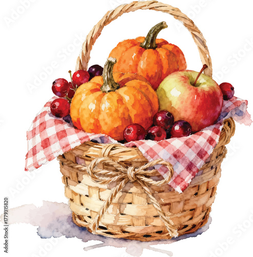 Watercolor Style Still Life Basket with Pumpkins, Apple, and Cranberries