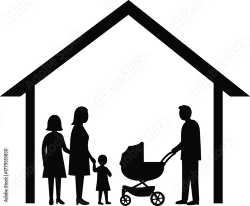 Family silhouette under house roof, parents with children, baby stroller, home protection, unity, care, domestic life, safety, love, shelter