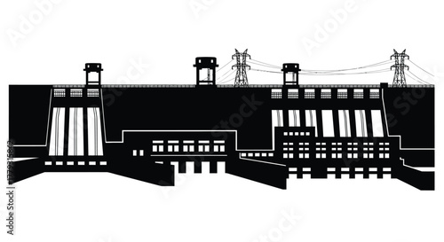 Silhouette of a hydroelectric dam with power lines isolated on white background