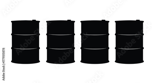 Four black oil drums in a row isolated on white background, industry concept