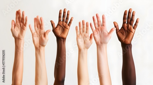 Diverse human hands raised upward against a light background demonstrating unity and participation