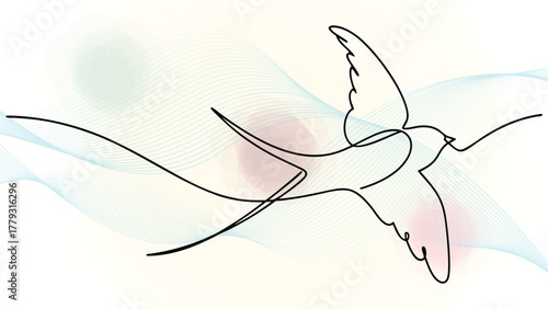Single Line Drawing a Bird in Flight with Flowing Abstract Waves Soft Blends flying elegant continuous