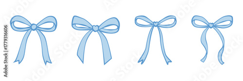 Set of blue hand drawn doodle bows. Various bowties stickers for gift tags, greeting cards, scrapbooking, design elements, patterns. Color vector illustrations isolated on a white background.