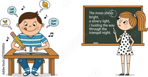 Behang Children learning rhyming words and poetry writing in classroom illustration edu