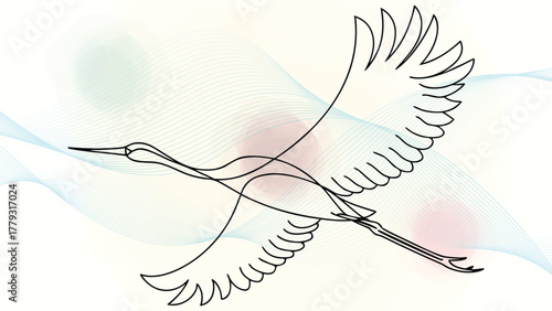 Minimalist elegant continuous line art a flying crane bird with flowing abstract wings open wings