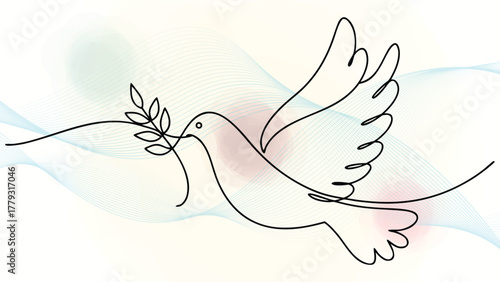 Single line drawing a dove with olive branch in beak against abstract flowing elegant continuous