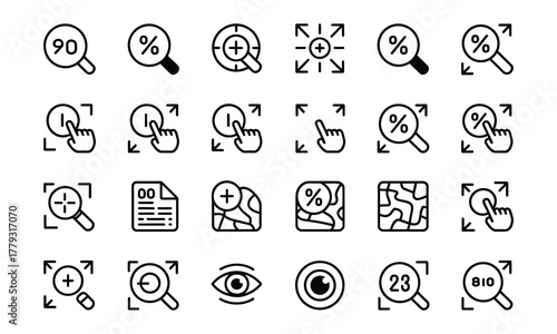 Collection of hand drawn zoom and magnification icons representing various functions like percentage zoom zoom in out focus and document viewing for digital interfaces