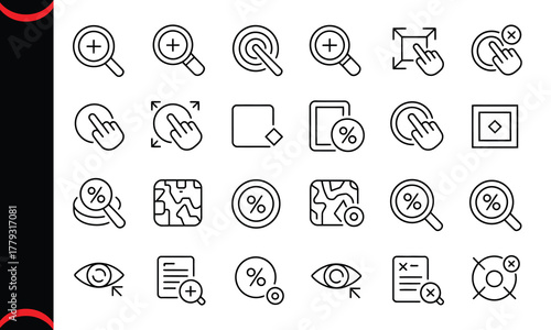 Collection of outline icons representing various user interface actions like zoom in out select click drag and drop document management and financial analysis symbols