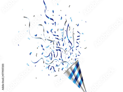 Blue confetti exploding from a party popper on a white background