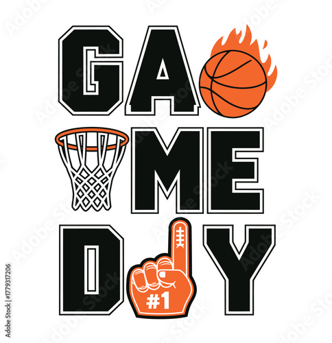 Basketball Game Day Varsity Design with Flaming Ball Hoop and Foam Finger