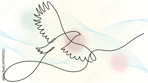 Minimalist single line drawing a bird in flight with abstract wavy lines soft blurs elegant continuous