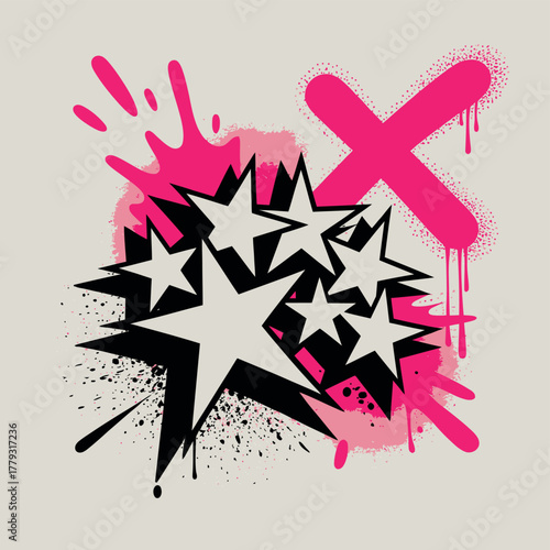 Graffiti style explosion of stars and splashes in pink and black
