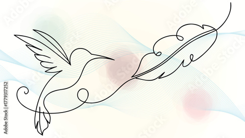 Single line drawing a hummingbird with a feather abstract wavy lines soft blurs elegant continuous