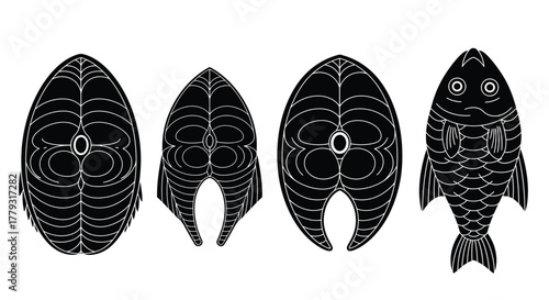 Black and white fish steaks isolated on white background in a row