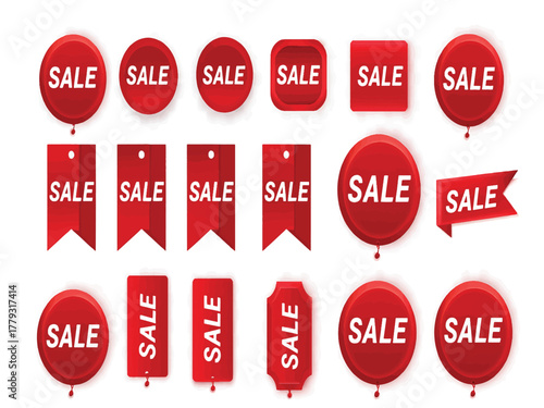 A collection of red vector sale tags and banners for retail promotion