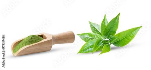 matcha green tea and tea leaves on transparent png ( image from camera )