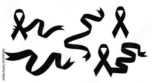 Collection of black ribbon isolated on white background, mourning symbol concept