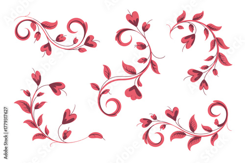 Decorative red floral swirls and flourishes with heart shaped leaves