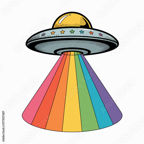 Retro flying saucer beaming a vibrant rainbow light down