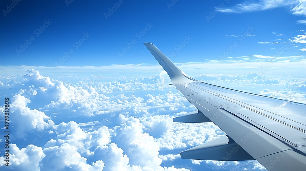 Obraz premium Airplane wing above fluffy clouds blue sky aerial view high resolution photo
