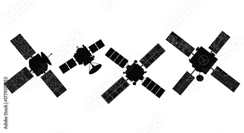 Silhouettes of satellites isolated on white background, space technology concept