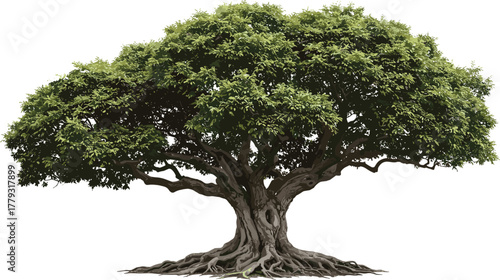 Mature tree with wide canopy cartoon illustration, symbolic wisdom and expressive nature growth artwork for design and education