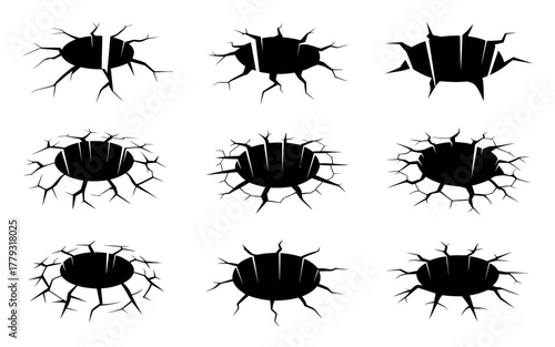 Collection of nine black holes with cracked edges on a white background