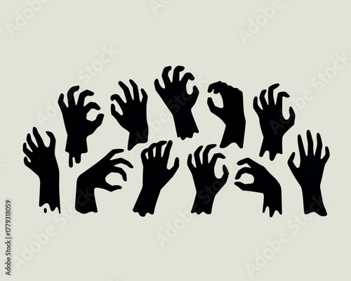 Silhouette of many reaching zombie hands emerging from the ground