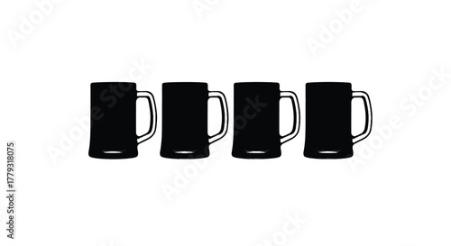 Four black beer mugs lined up isolated on white background