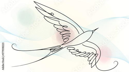 Elegant continuous line drawing a swallow in flight with flowing abstract bird flying