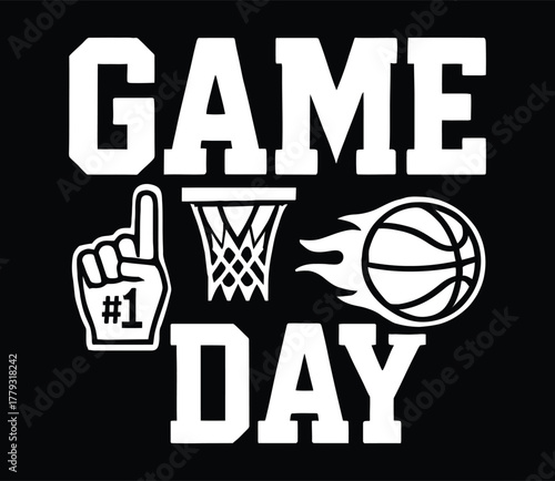 Basketball Game Day Varsity Style Graphic with Hoop and Foam Finger