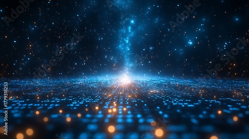 Digital data landscape with glowing blue and orange particles rising to a bright light