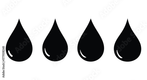Four black water drop icons isolated on white background in a row design