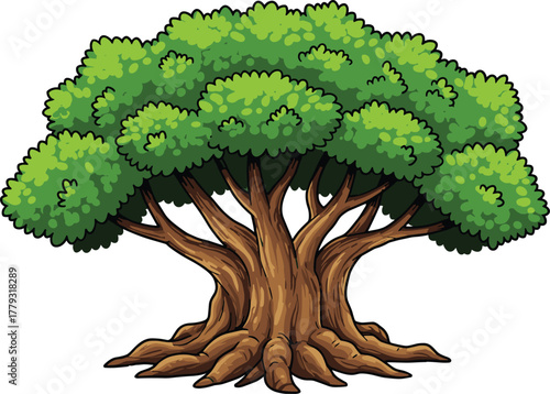 Multi-trunk tree with rounded canopy cartoon illustration, symbolic strength and expressive nature vitality artwork for design and education