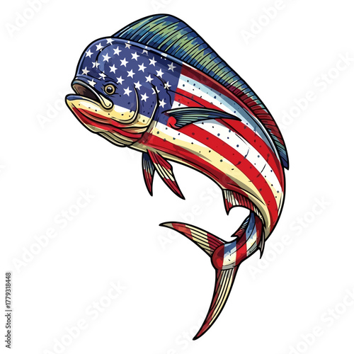 Mahi Mahi Fish with American Flag Skin for Offshore Saltwater Fishing Vector