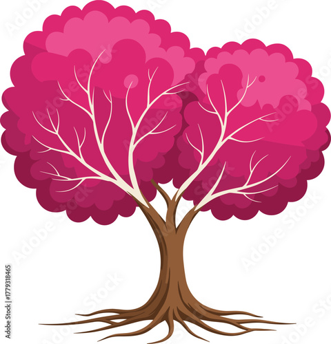 Pink tree with dual trunks and white branches cartoon illustration, symbolic unity and expressive nature emotion artwork for design