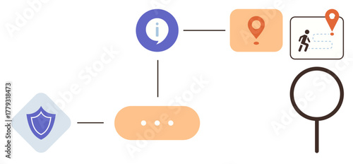 Shield icon, info bubble, location pin, connected paths, person marker, magnifying glass. Ideal for technology, analysis security tracking navigation monitoring research. Simple flat metaphor