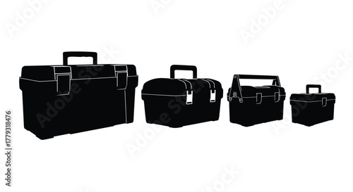 Four toolbox in silhouette isolated on white background, storage container