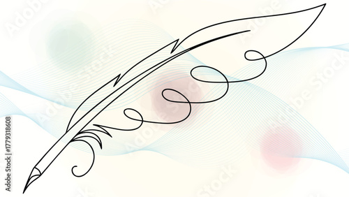 Elegant Continuous Line Drawing of a Quill Pen with Flowing Feather Design