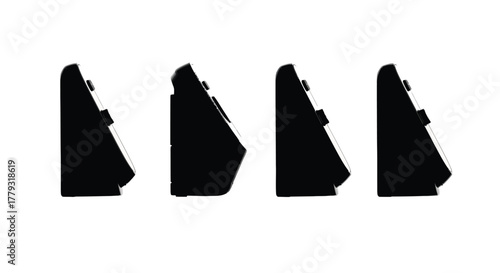 Four black smart speakers isolated on white background in a row side view