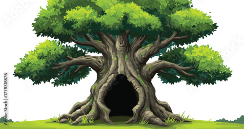 Mystical tree with hollow base cartoon illustration, symbolic refuge and expressive nature fantasy artwork for design and storytelling