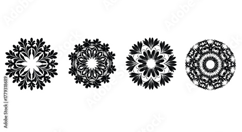 Four black floral mandala isolated on white background in a row design