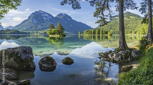 Serene mountain lake reflection with island high resolution photo