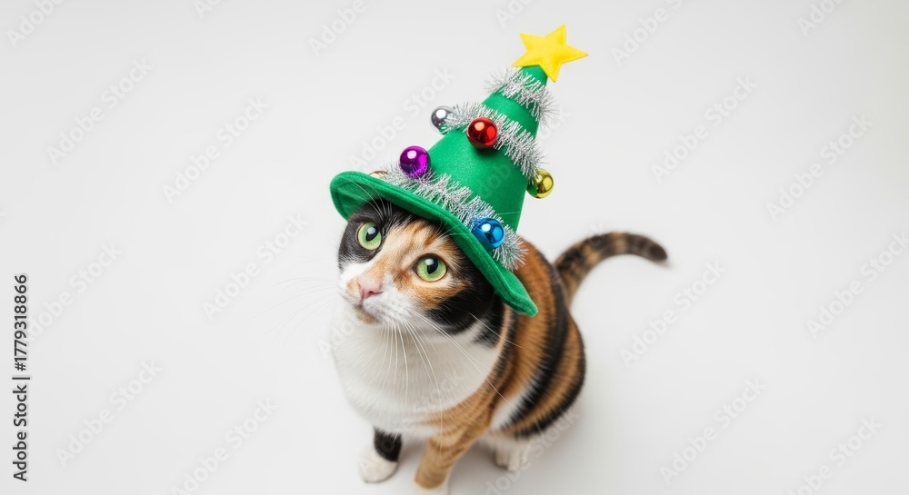 Obraz premium cat wearing a Christmas tree hat, holiday animal graphic, on a white background