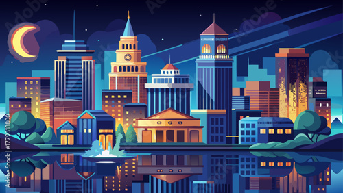 Very beautiful Monroe, Louisiana city skyline at night, with illuminated buildings reflecting on the Ouachita River under a clear dark sky, realistic cityscape with calm water and glowing lights.