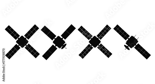 Four satellite silhouettes isolated on white background
