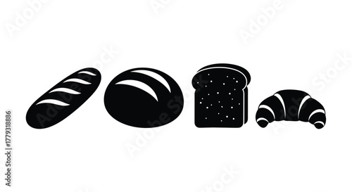 Silhouette of various baked goods isolated on white background for bakery use